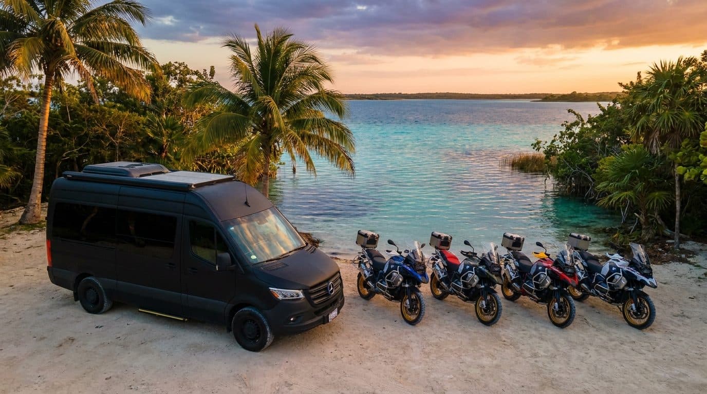 BMW motorcycles and support van at the seven-color lagoon of Bacalar