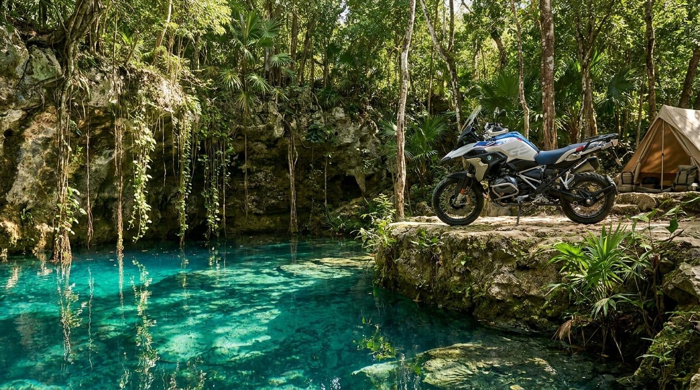 BMW R 1300 GS Adventure motorcycle at a turquoise cenote in the Yucatan jungle