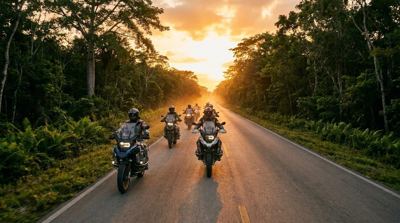 BMW motorcycles and luxury van at Bacalar lagoon in Quintana Roo at sunset