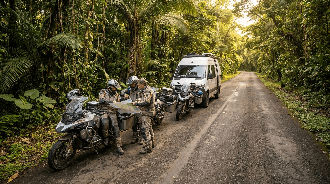 Supported motorcycle tour Mexico — BMW GS riders with De Bello Van support vehicle in Yucatan